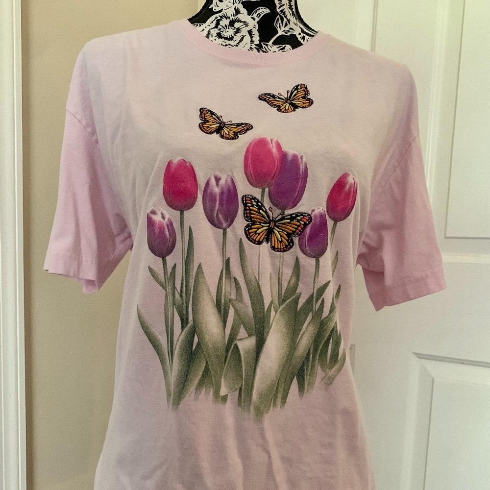 Grandmacore Vintage Monarch Butterfly and Tulip Flowers Top Stitch Garden Shirt